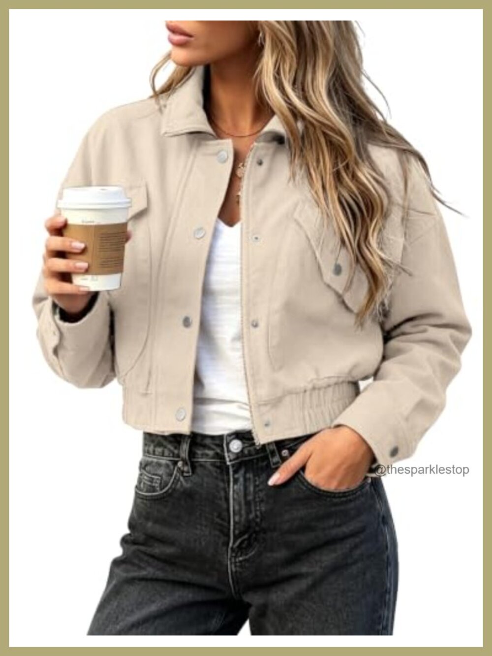 Cropped Bomber Jacket with Pockets Cotton Twill Women's Casual